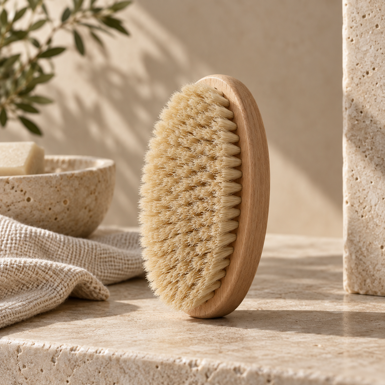 Body Reset dry brush — natural bristles on a light wooden base, styled on warm stone